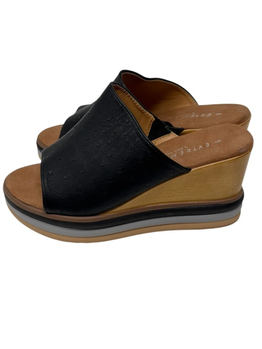 Extreme by Eddie Marc Black Leather Cork Wedge Slide Sandals